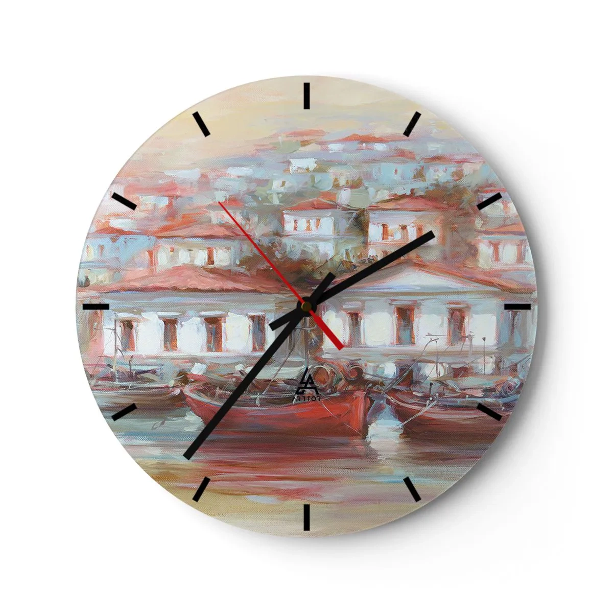 Wanduhr - Glasuhr - Ein malerischer Hafen mit Booten und mediterraner Architektur - 30x30cm - Glückliche Stadt - Moderne Wanddekoration für Wohnzimmer, Küche und Schlafzimmer ARTTOR