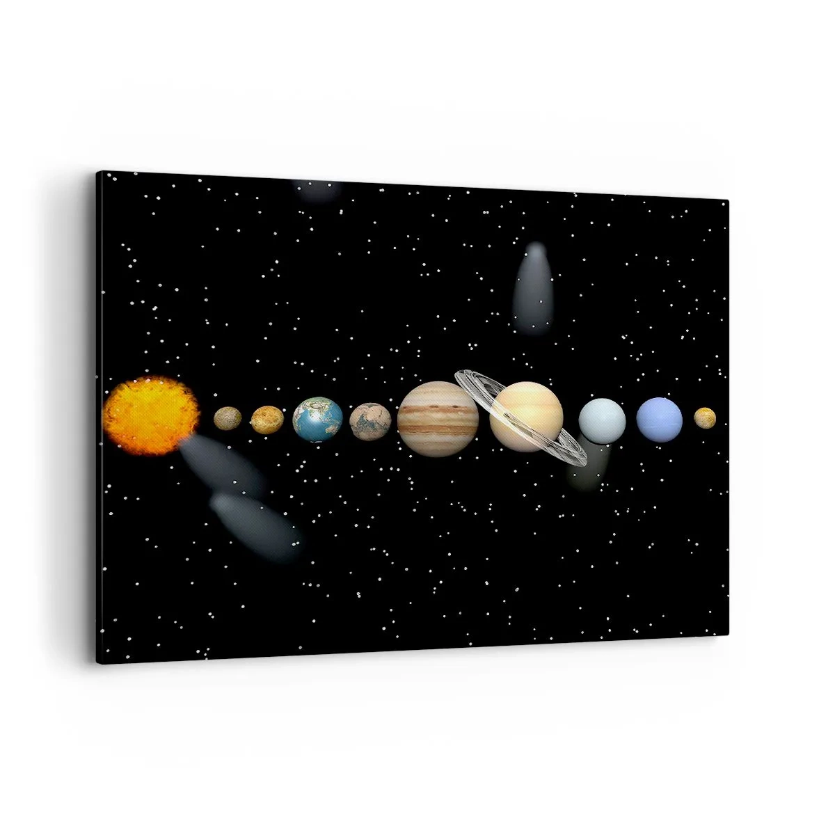 Bild auf Leinwand - Leinwandbild - Das Sonnensystem mit Planeten vor dem Hintergrund der Sterne im Weltraum - 100x70cm - Und die Planeten werden verrückt und toben ... - Moderne Wanddekoration für Wohnzimmer und Schlafzimmer ARTTOR