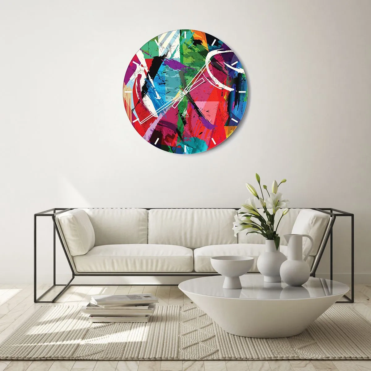 Wanduhr - Glasuhr - Ein abstraktes Muster mit intensiven Farben und dynamischen Linien. - 30x30cm - Schnell, spritzig und springt - Moderne Wanddekoration für Wohnzimmer, Küche und Schlafzimmer ARTTOR