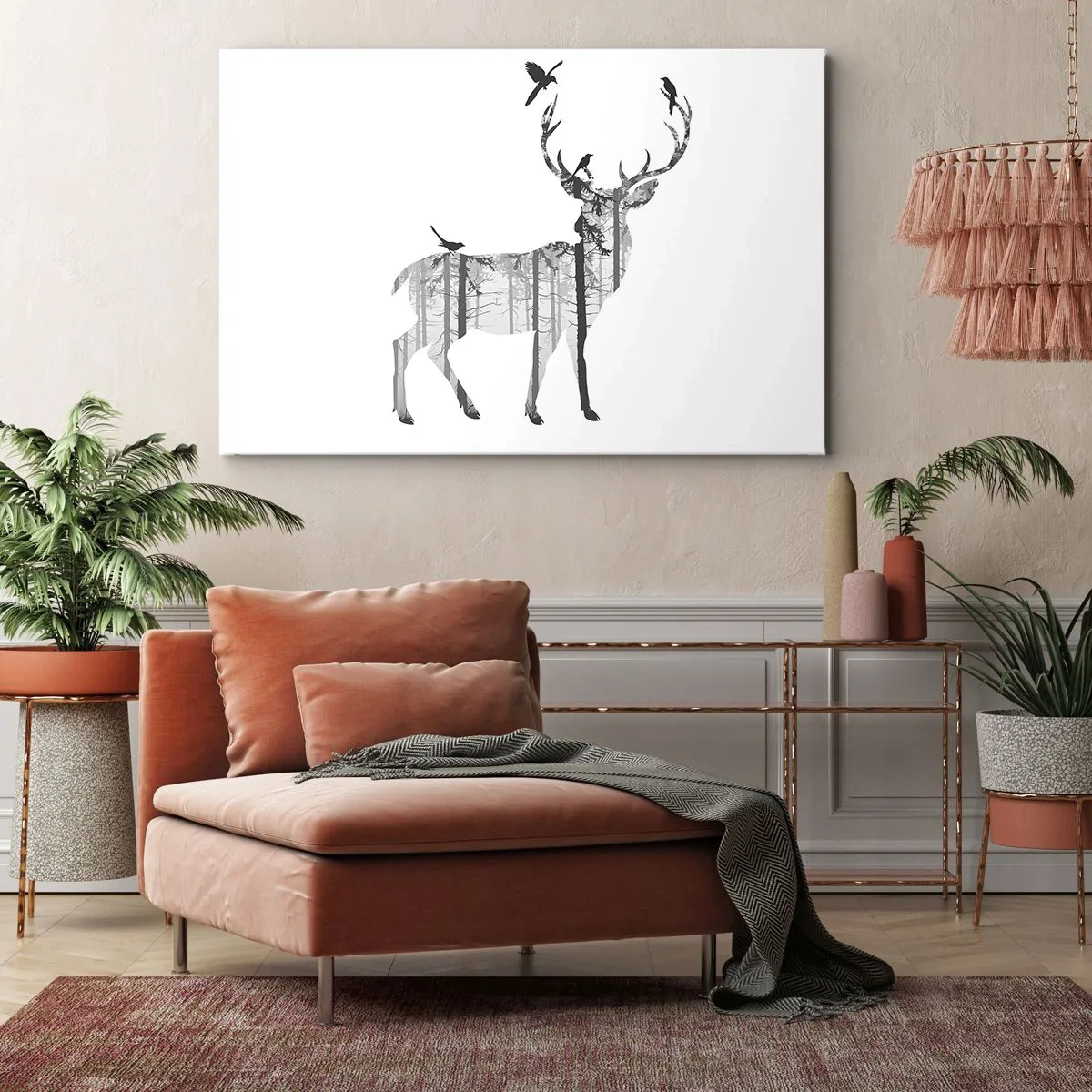 Bild auf Leinwand - Leinwandbild - Silhouette eines Hirsches mit Wald und Vögeln - 120x80cm - Guter Waldgeist - Moderne Wanddekoration für Wohnzimmer und Schlafzimmer ARTTOR