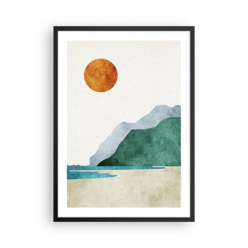 Poster in einem schwarzem Rahmen - Minimalistische Berglandschaft mit Strand und Sonne - 50x70cm - Landschaft, wie sie sein sollte - Moderne Wanddekoration für Wohnzimmer und Schlafzimmer ARTTOR
