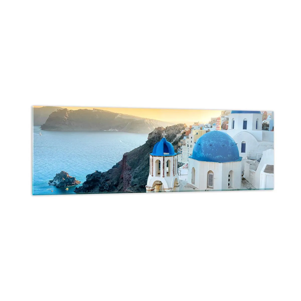 Glasbild - Bild auf glas - Blick auf Santorini mit weißen Gebäuden und blauem Meer - 160x50cm - Santorini - an die Felsen gekuschelt - Moderne Wanddekoration für Wohnzimmer und Schlafzimmer ARTTOR
