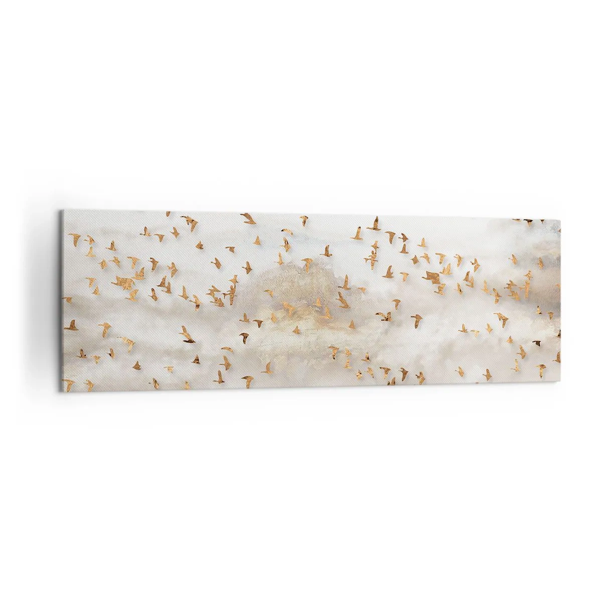 Bild auf Leinwand - Leinwandbild - Goldene Vögel vor den nebligen Bergen - 160x50cm - Es ist schon die Zeit… - Moderne Wanddekoration für Wohnzimmer und Schlafzimmer ARTTOR