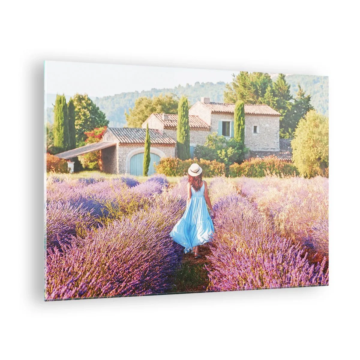 Glasbild - Bild auf glas - Eine Frau in einem Kleid geht durch ein Lavendelfeld - 70x50cm - Lavendel Mädchen - Moderne Wanddekoration für Wohnzimmer und Schlafzimmer ARTTOR