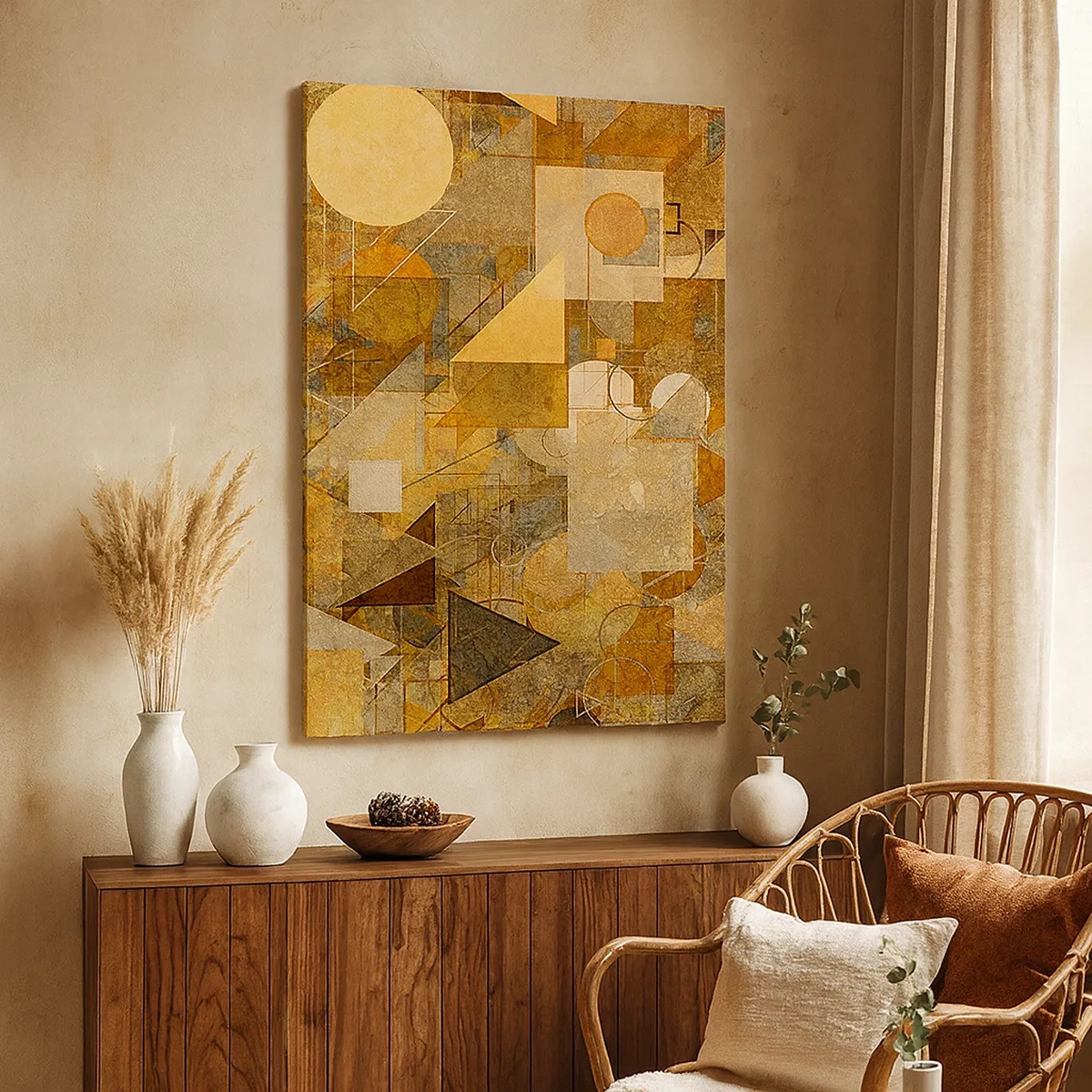 Bild auf Leinwand - Leinwandbild - Abstrakte geometrische Figuren in warmen Farbtönen - 50x70cm - Eine kubistische Studie aus Bronze - Moderne Wanddekoration für Wohnzimmer und Schlafzimmer ARTTOR