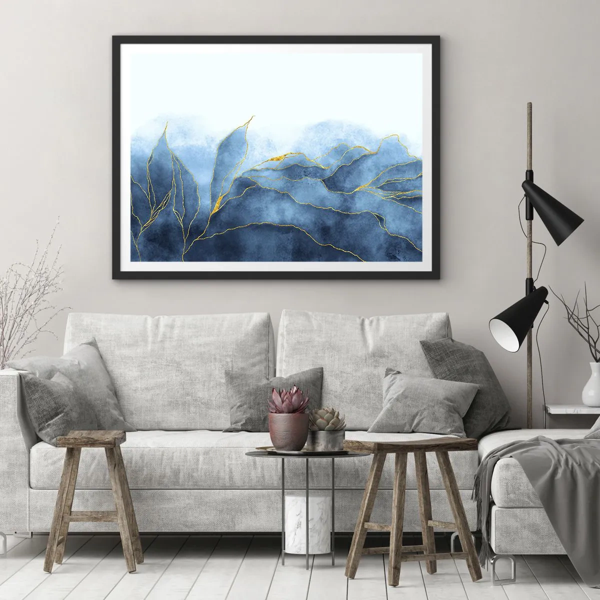 Poster in einem schwarzem Rahmen - Abstrakte Wellen in Blautönen mit goldenen Akzenten - 70x50cm - Blau im Gold - Moderne Wanddekoration für Wohnzimmer und Schlafzimmer ARTTOR