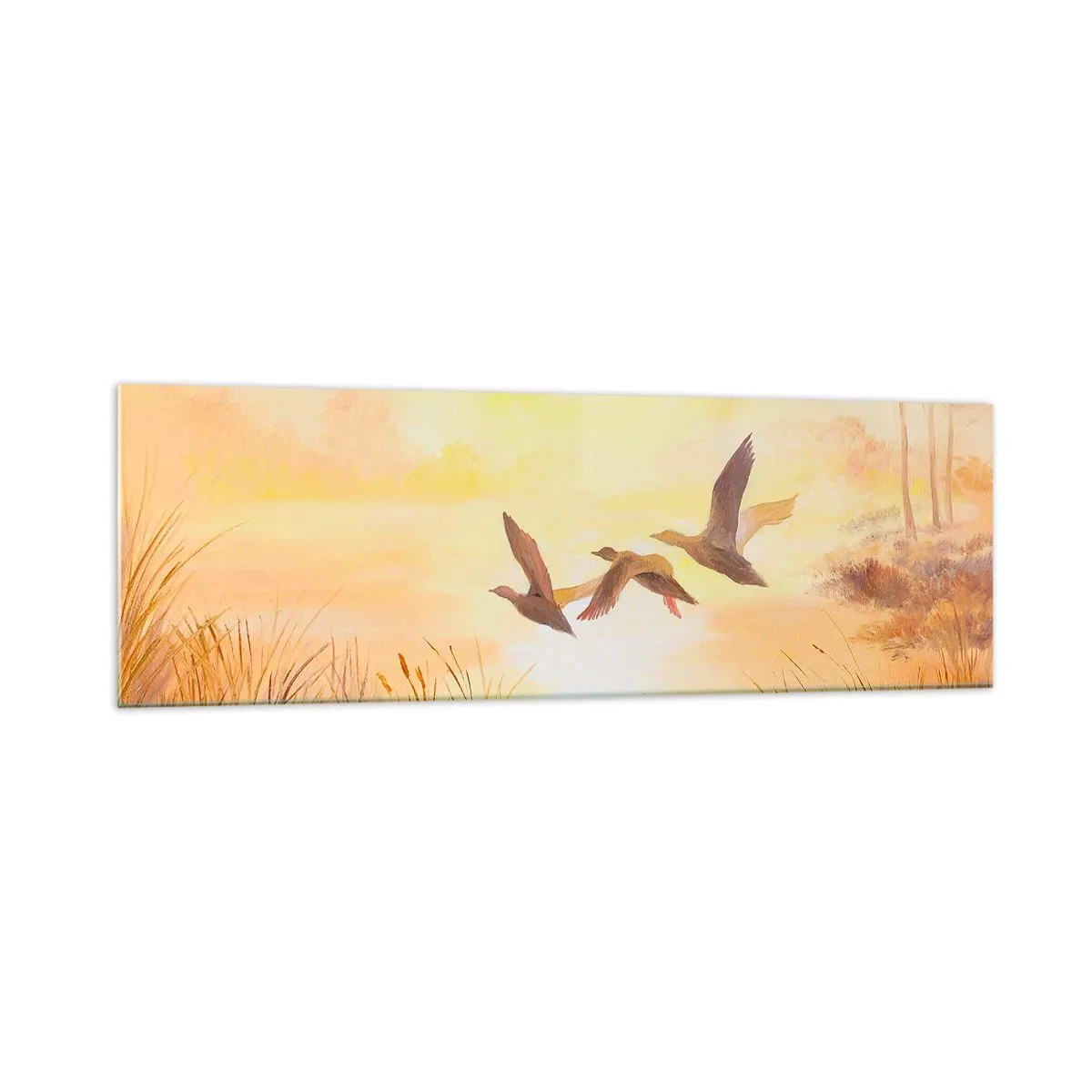 Glasbild - Bild auf glas - Enten fliegen bei Sonnenaufgang über den See - 160x50cm - Der Beginn einer langen Reise - Moderne Wanddekoration für Wohnzimmer und Schlafzimmer ARTTOR