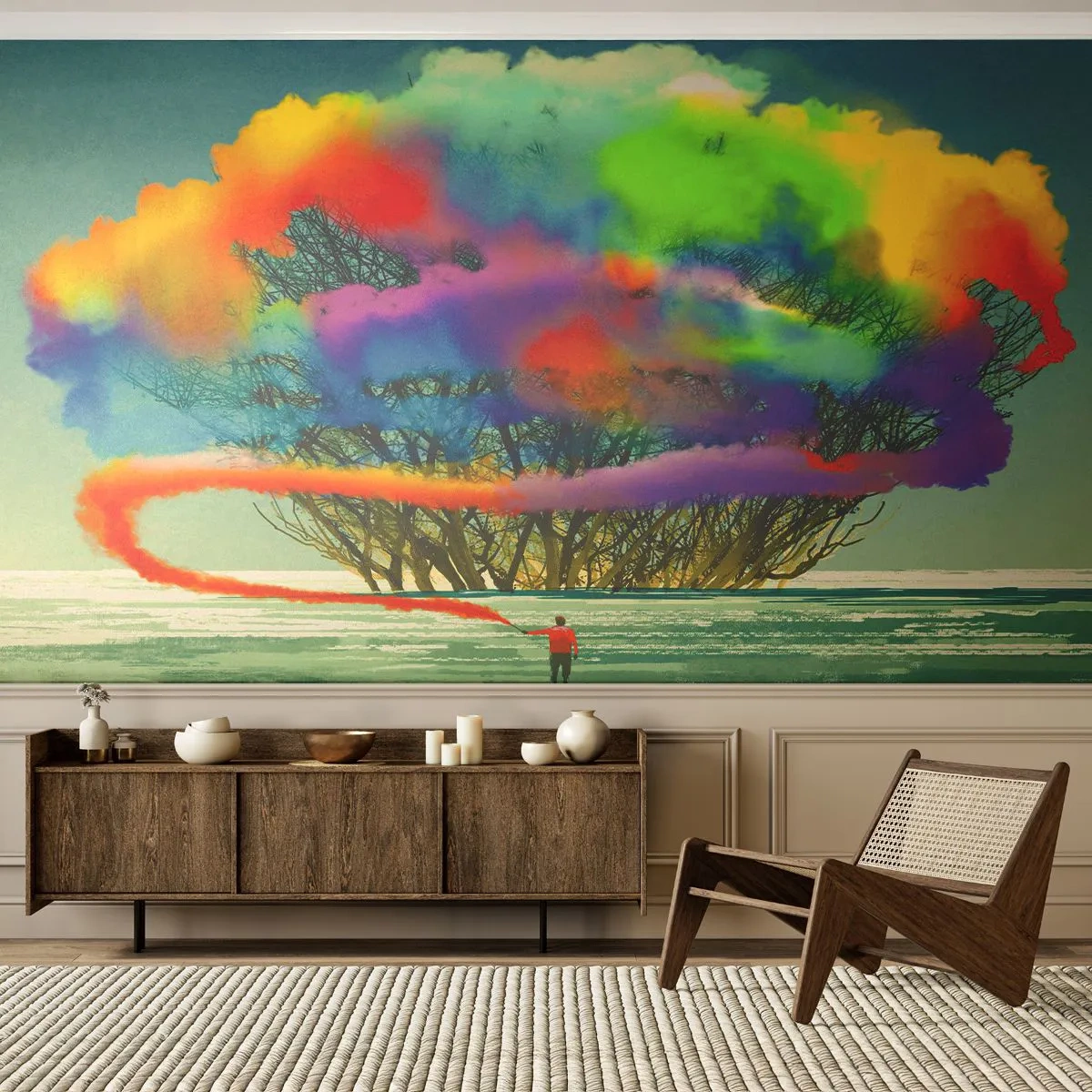 Fototapete Premium Sand - Ein Baum, umgeben von farbigem Rauch und eine Figur mit einer Fackel - 100x70cm - Erwecke diese Welt zum Leben - Moderne Wanddekoration für Wohnzimmer und Schlafzimmer ARTTOR
