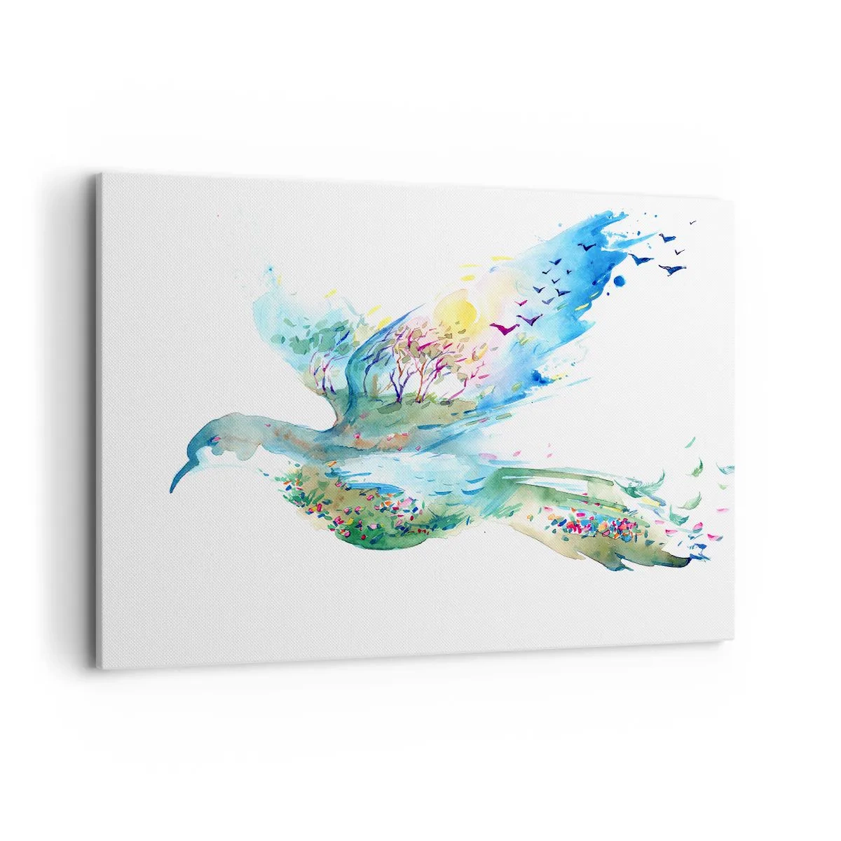 Bild auf Leinwand - Leinwandbild - Aquarellkomposition eines Vogels mit Elementen der Natur - 100x70cm - Auf den Flügeln der Natur - Moderne Wanddekoration für Wohnzimmer und Schlafzimmer ARTTOR