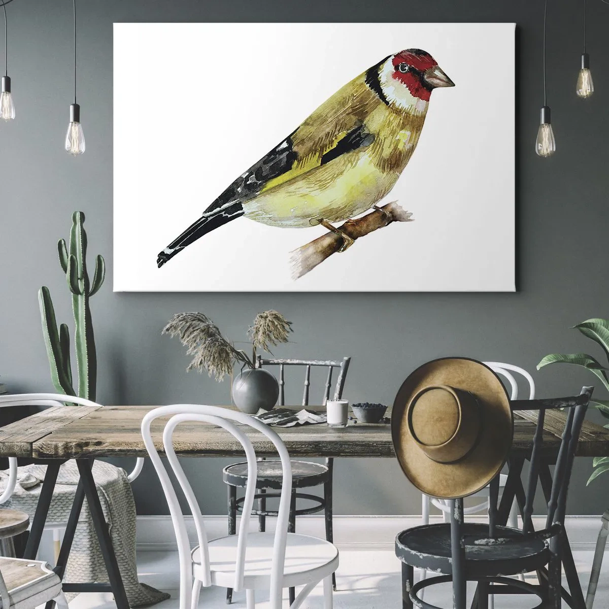 Bild auf Leinwand - Leinwandbild - Ein Vogel mit rotem Kopf auf einem Ast - 120x80cm - Vogelporträt - Moderne Wanddekoration für Wohnzimmer und Schlafzimmer ARTTOR