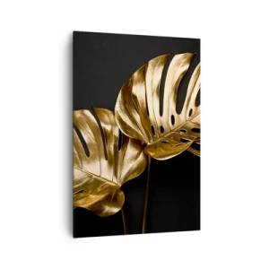 Bild auf Leinwand - Leinwandbild - Goldene Monstera-Blätter auf schwarzem Hintergrund - 70x100cm - Die Schätze der Natur - Moderne Wanddekoration für Wohnzimmer und Schlafzimmer ARTTOR