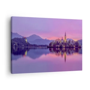 Bild auf Leinwand - Leinwandbild - See mit einer Insel und einer Kirche bei Sonnenuntergang - 70x50cm - Eine märchenhafte Insel in der Abenddämmerung - Moderne Wanddekoration für Wohnzimmer und Schlafzimmer ARTTOR