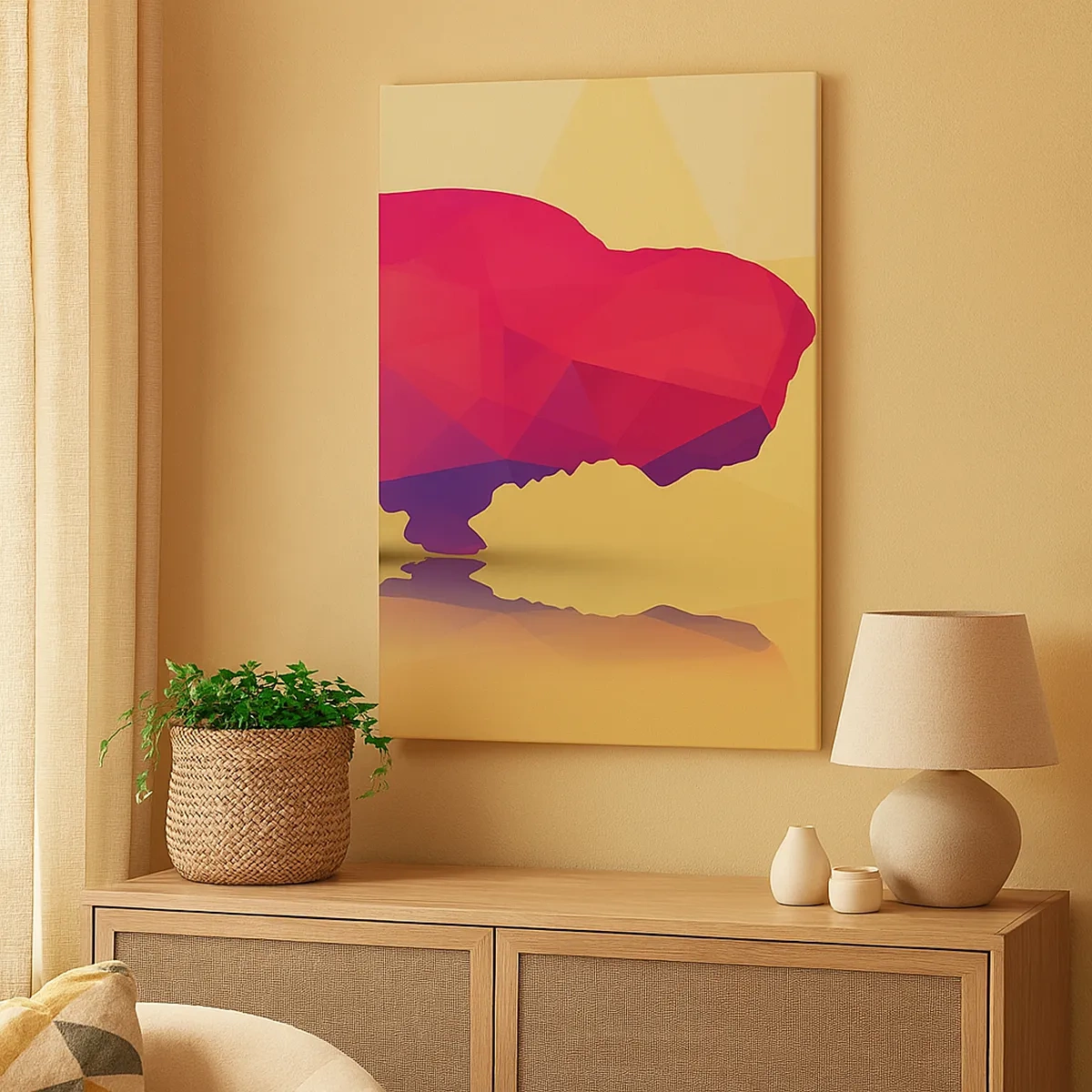 Bild auf Leinwand - Leinwandbild - Geometrische Silhouette eines Bisons in Rot- und Lilatönen - 50x70cm - Die Amaranth-Stärke des Bisons - Moderne Wanddekoration für Wohnzimmer und Schlafzimmer ARTTOR