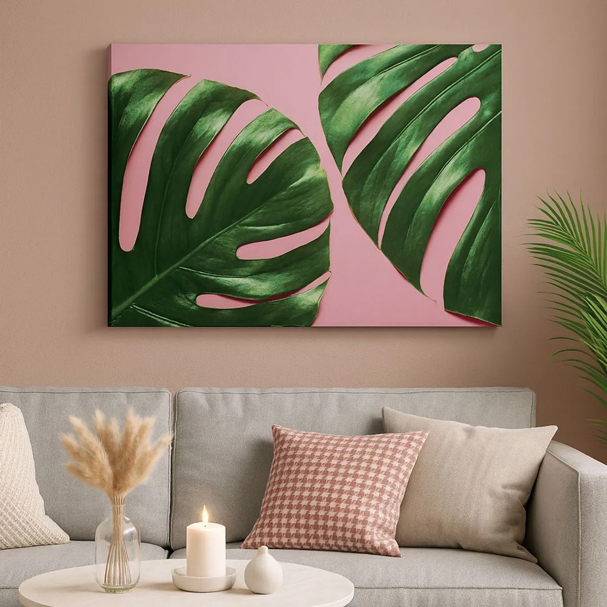 Bild auf Leinwand - Leinwandbild - Grüne Monstera-Blätter auf rosa Hintergrund - 70x50cm - Rendezvous im Grünen - Moderne Wanddekoration für Wohnzimmer und Schlafzimmer ARTTOR