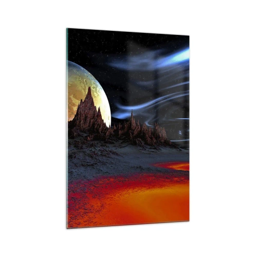 Glasbild - Bild auf glas - Eine fantastische Landschaft mit Planeten und Vulkanen - 70x100cm - Unbekannte Welt - Moderne Wanddekoration für Wohnzimmer und Schlafzimmer ARTTOR