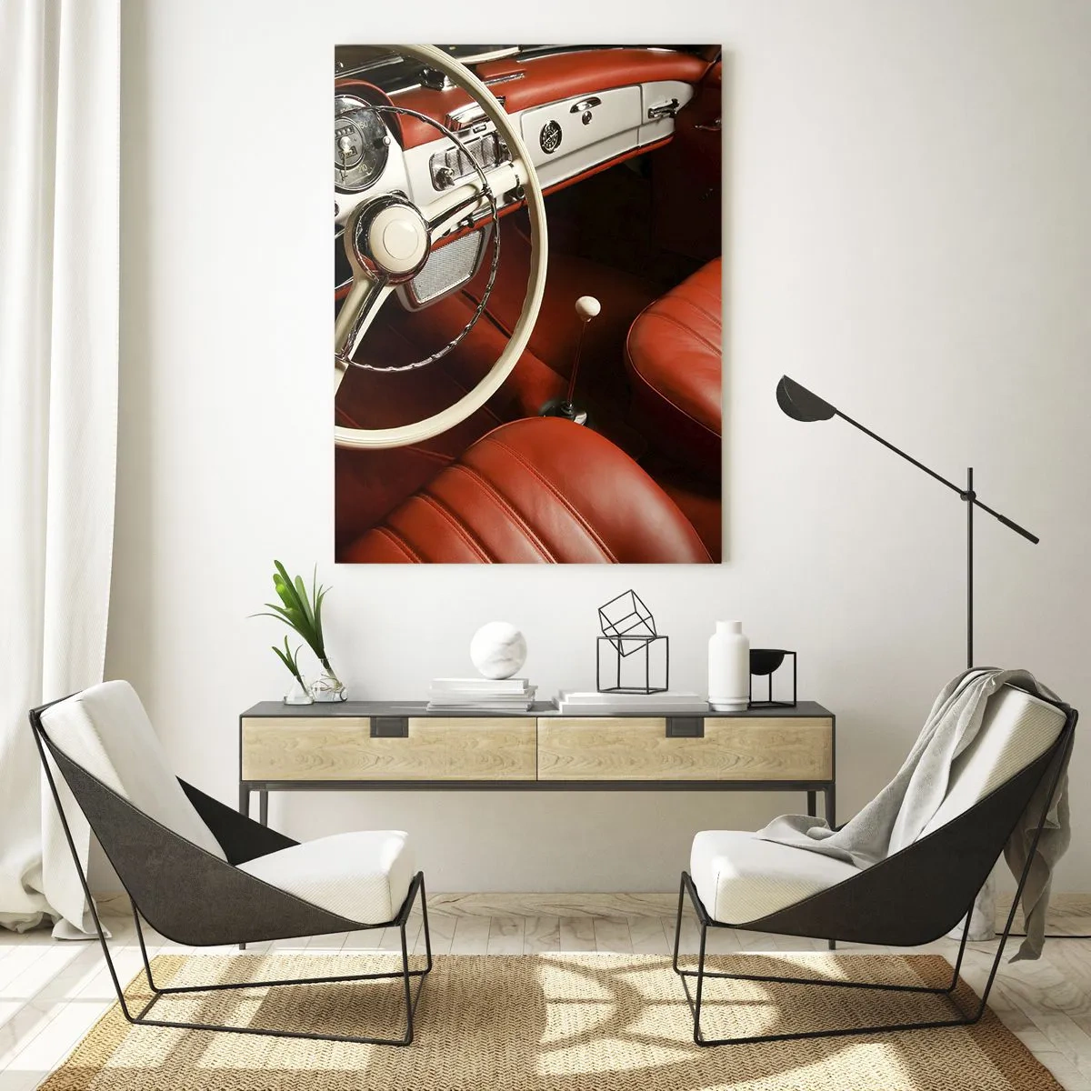 Glasbild - Bild auf glas - Oldtimer-Innenraum mit roten Ledersitzen - 80x120cm - Luxus im Vintagestil - Moderne Wanddekoration für Wohnzimmer und Schlafzimmer ARTTOR