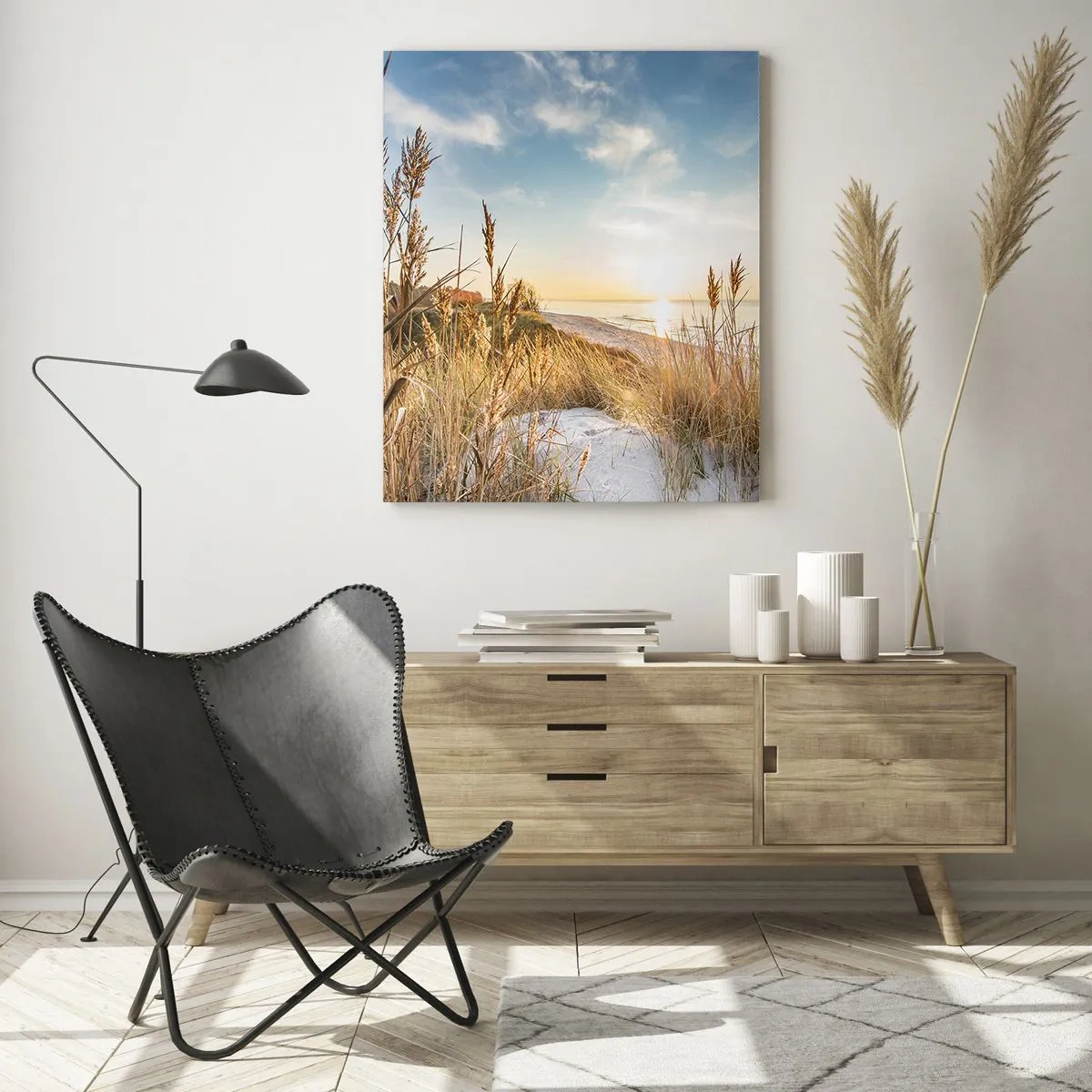 Glasbild - Bild auf glas - Sonnenuntergang über einem Strand mit grasbedeckten Dünen - 50x70cm - Nordstrand - Moderne Wanddekoration für Wohnzimmer und Schlafzimmer ARTTOR