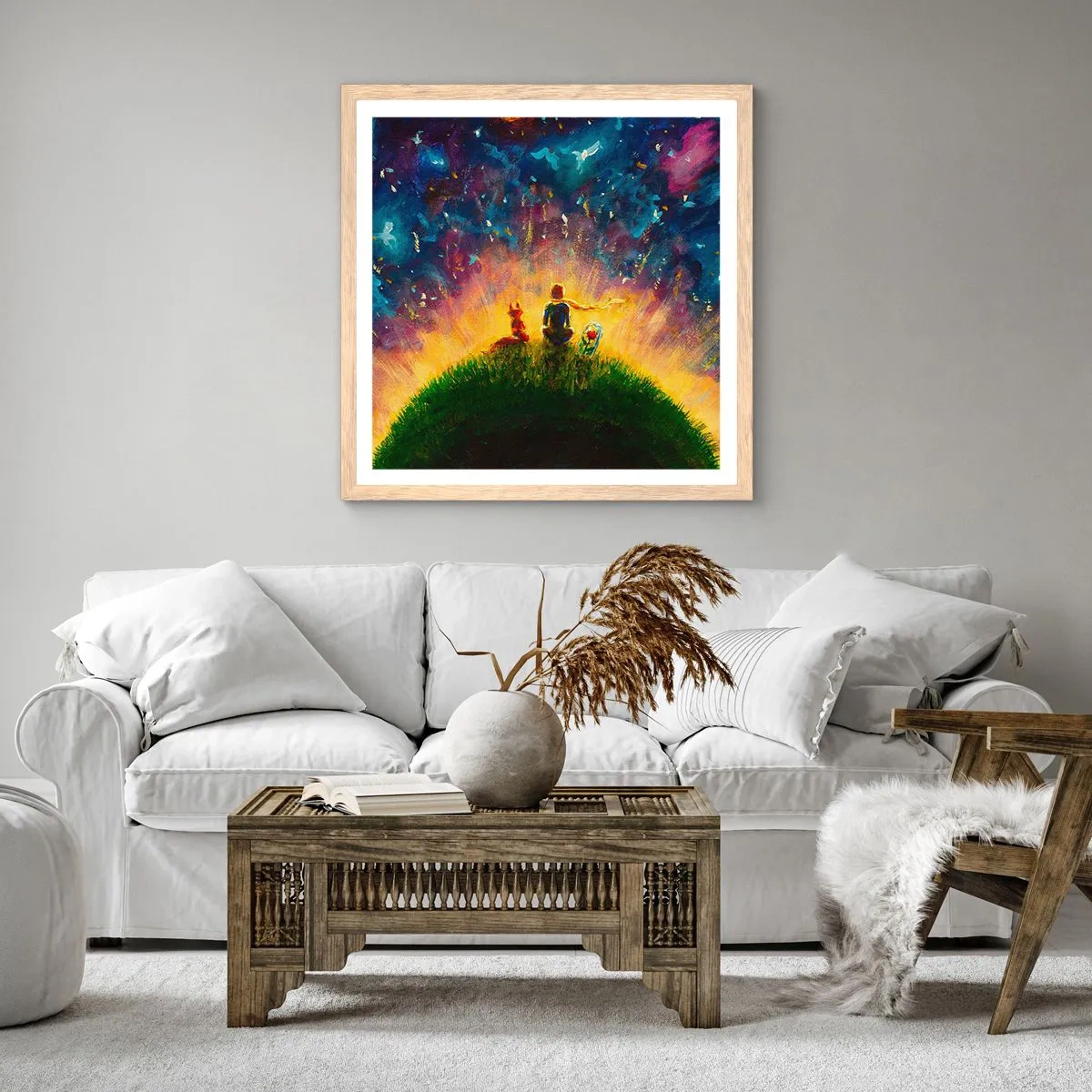 Poster in einem Rahmen aus heller Eiche - Liebe und Freundschaft - die ganze Welt - 60x60 cm