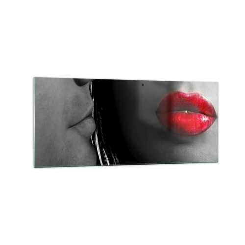 Glasbild - Bild auf glas - Nahaufnahme der Gesichter einer Frau und eines Mannes mit roten Lippen. - 120x50cm - Gesicht am Gesicht - Moderne Wanddekoration für Wohnzimmer und Schlafzimmer ARTTOR