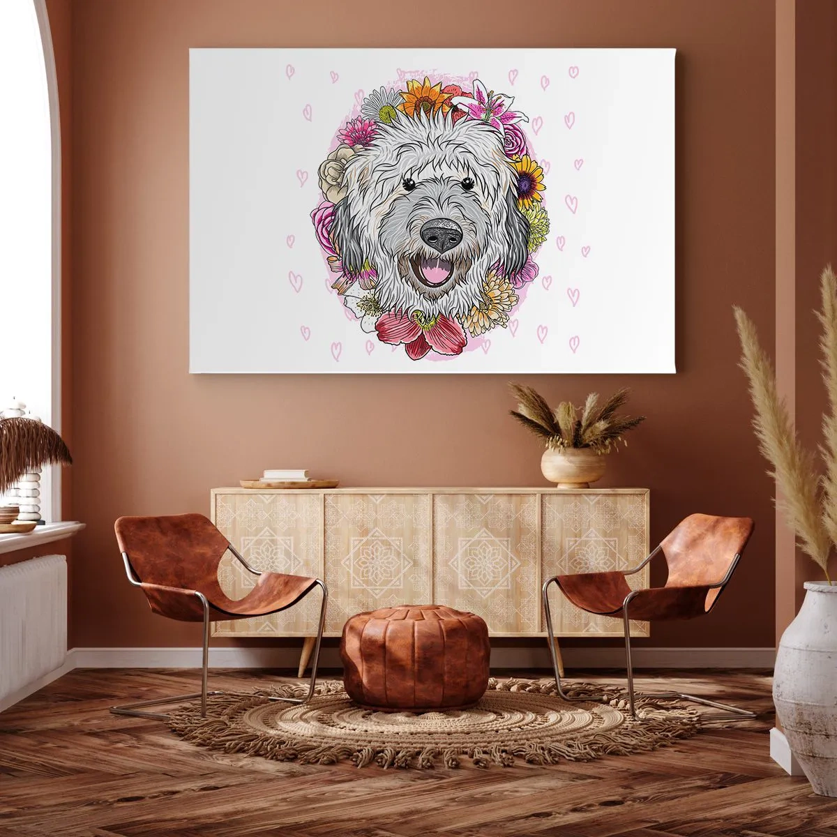 Bild auf Leinwand - Leinwandbild - Ein Hund umgeben von bunten Blumen - 100x70cm - Welpenfreude - Moderne Wanddekoration für Wohnzimmer und Schlafzimmer ARTTOR