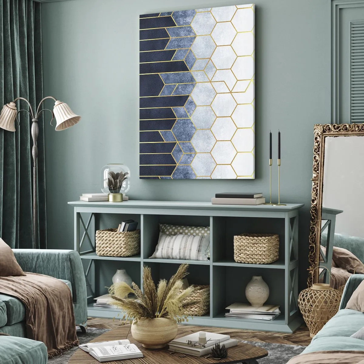 Bild auf Leinwand - Leinwandbild - Geometrisches Muster in Gold- und Marineblautönen - 70x100cm - Komposition im synkopischen Rhythmus - Moderne Wanddekoration für Wohnzimmer und Schlafzimmer ARTTOR