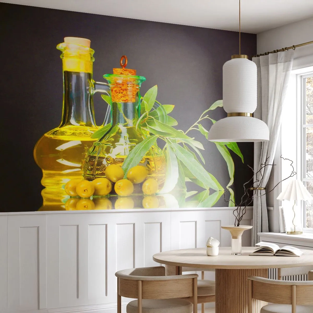 Fototapete Premium Sand - Stillleben mit Oliven und Olivenöl - Gastronomie, Oliven, Öl - 350x256 cm