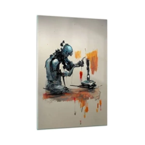 Glasbild - Bild auf glas - Roboter bei der Arbeit mit abstraktem Hintergrund - 70x100cm - Schon morgen… - Moderne Wanddekoration für Wohnzimmer und Schlafzimmer ARTTOR