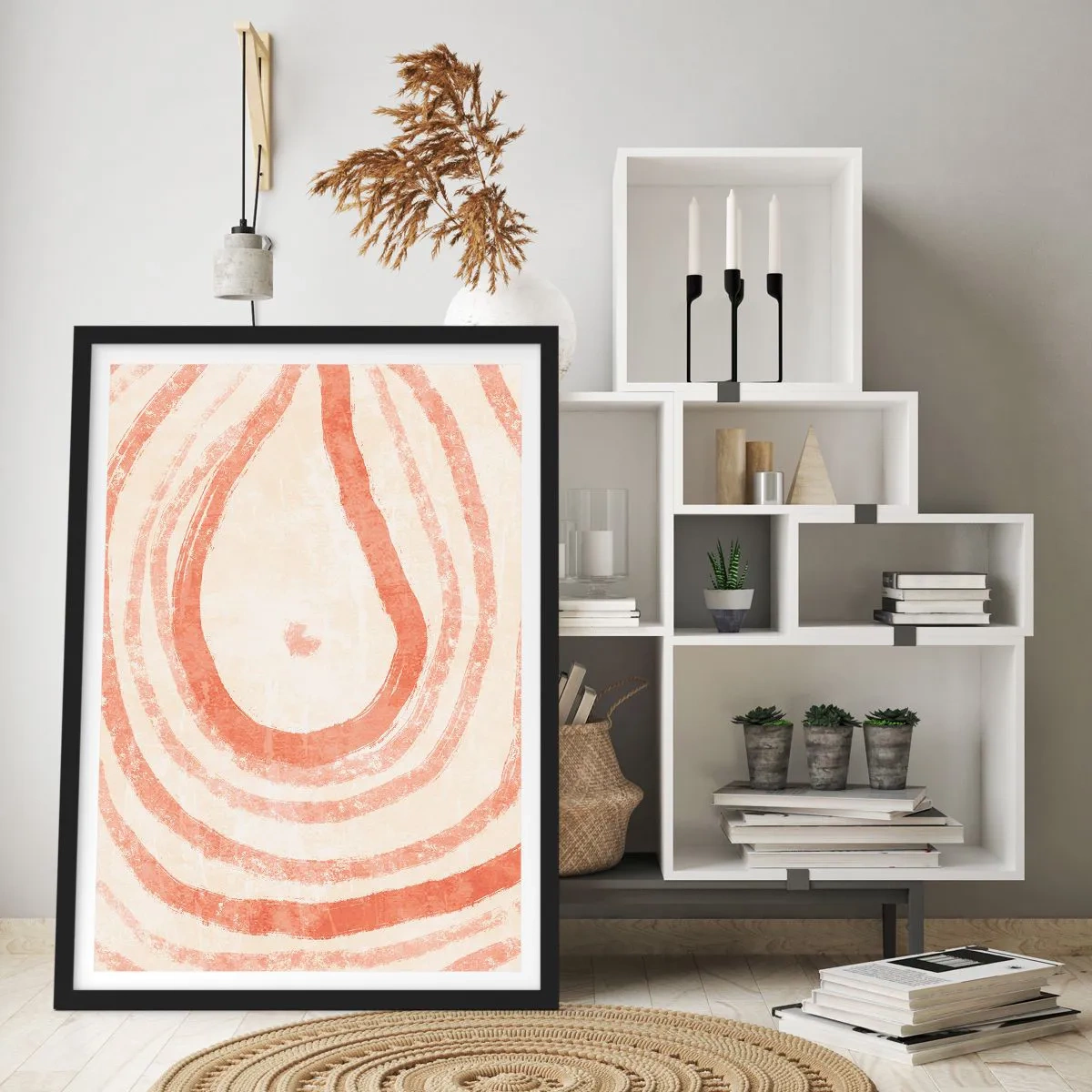 Poster in einem schwarzem Rahmen - Ein abstraktes Muster in warmen, erdigen Farben. - 50x70cm - Korallenkreise – Komposition - Moderne Wanddekoration für Wohnzimmer und Schlafzimmer ARTTOR