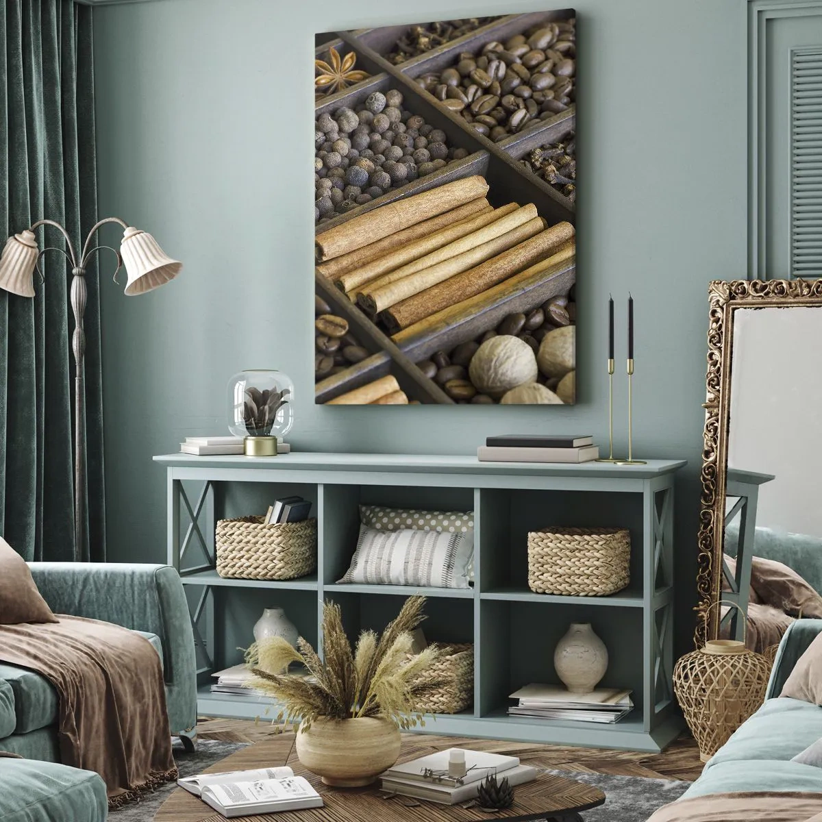 Bild auf Leinwand - Leinwandbild - Gewürze und Kaffee in Holzfächern - 50x70cm - Eine Fundgrube an Aromen - Moderne Wanddekoration für Wohnzimmer und Schlafzimmer ARTTOR
