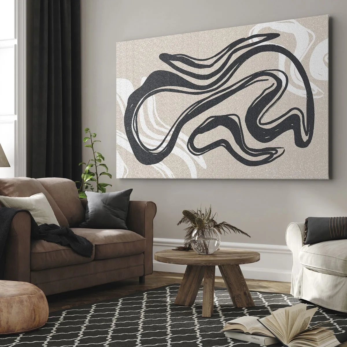 Bild auf Leinwand - Leinwandbild - Abstrakte Linien in dunklen Farbtönen auf beigem Hintergrund - 70x50cm - Vervielfachter Ausdruck - Moderne Wanddekoration für Wohnzimmer und Schlafzimmer ARTTOR