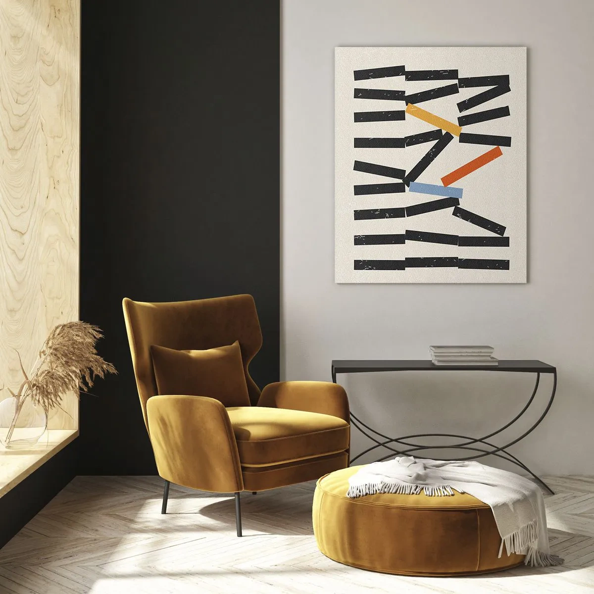 Glasbild - Bild auf glas - Abstrakte Komposition mit farbigen und schwarzen Rechtecken - 70x100cm - Domino – Komposition - Moderne Wanddekoration für Wohnzimmer und Schlafzimmer ARTTOR