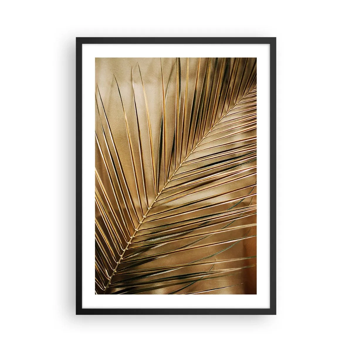Poster in einem schwarzem Rahmen - Goldenes Palmblatt auf elegantem Hintergrund - 50x70cm - Natürliche Kolonnade - Moderne Wanddekoration für Wohnzimmer und Schlafzimmer ARTTOR