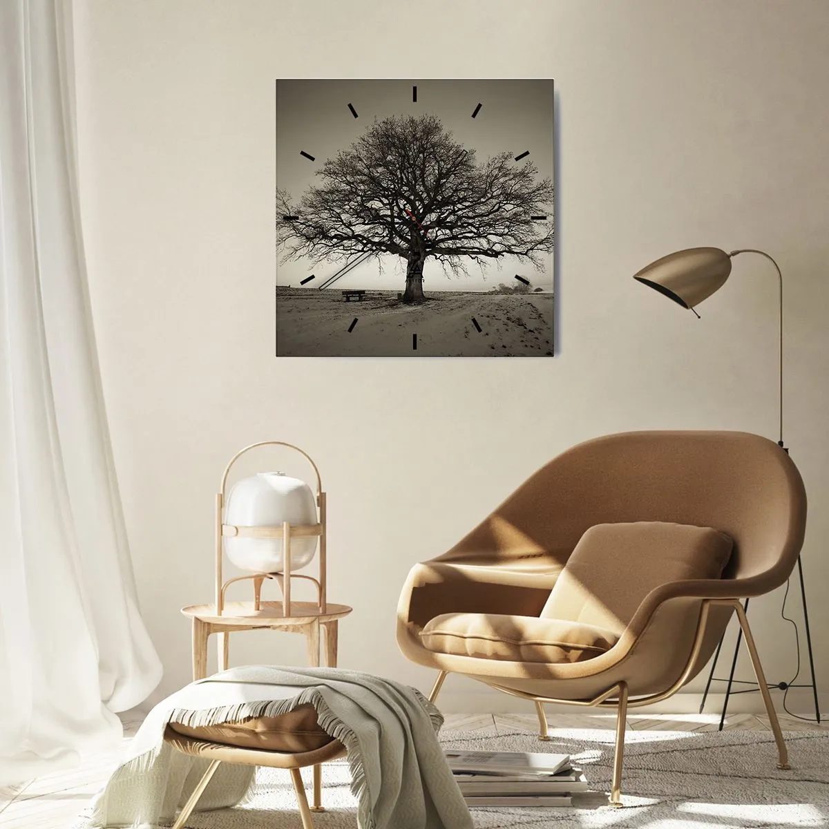 Wanduhr - Glasuhr - Ein einsamer Baum in einem Sepia-Feld - 30x30cm - Von hier zu Ewigkeit - Moderne Wanddekoration für Wohnzimmer und Schlafzimmer ARTTOR
