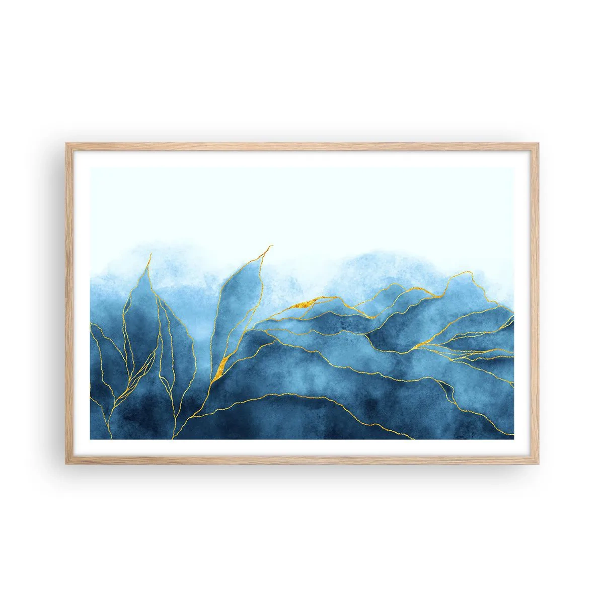 Poster in einem Rahmen aus heller Eiche - Blau im Gold - 91x61 cm
