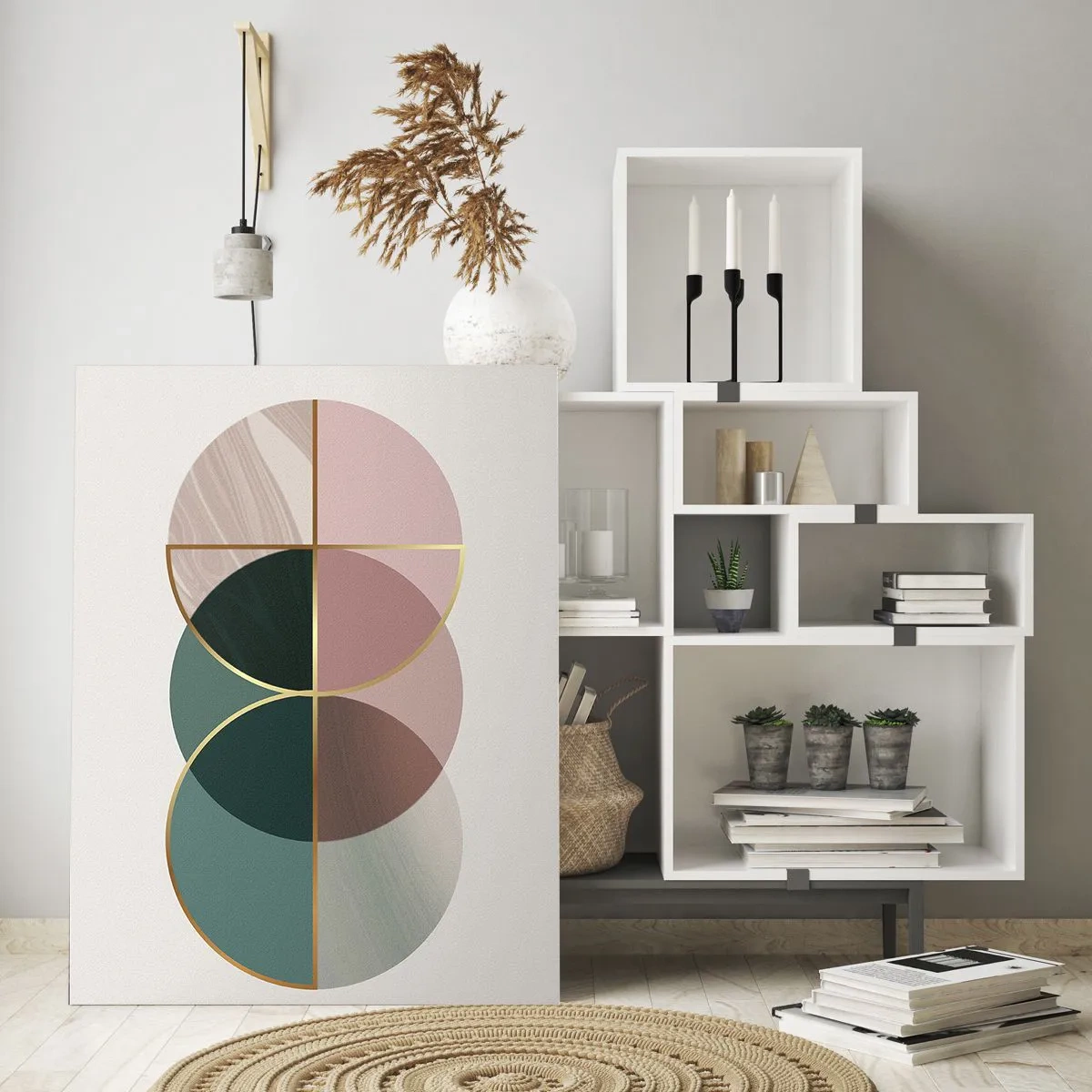 Glasbild - Bild auf glas - Geometrische Formen in Grün- und Rosatönen auf hellem Hintergrund - 50x70cm - Ein Rad hinter dem anderen… - Moderne Wanddekoration für Wohnzimmer und Schlafzimmer ARTTOR