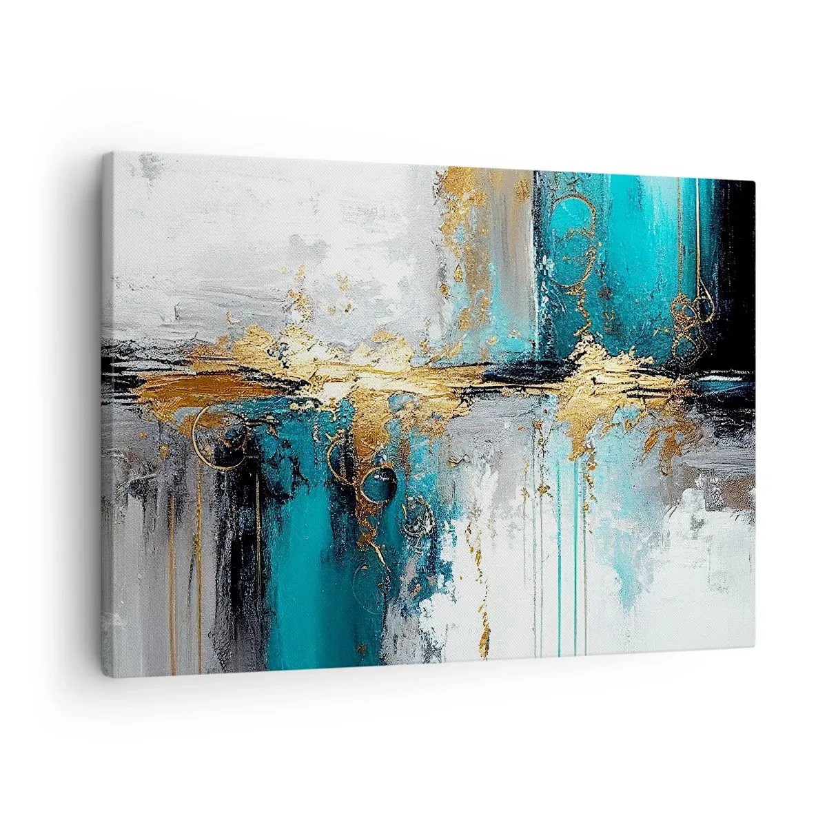 Bild auf Leinwand - Leinwandbild - Eine abstrakte Komposition mit türkisfarbenen und goldenen Akzenten. - 70x50cm - Alles fließt - Moderne Wanddekoration für Wohnzimmer und Schlafzimmer ARTTOR