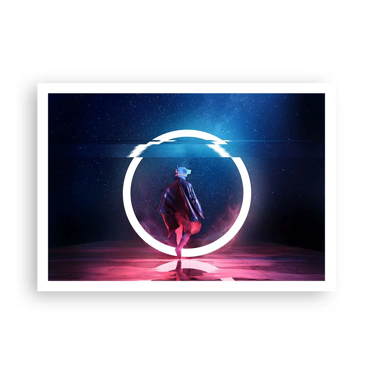 Poster - Eine Figur in einer futuristischen Umgebung mit einem Neonkreis - 100x70cm - Zwischen den Welten - Moderne Wanddekoration für Wohnzimmer und Schlafzimmer ARTTOR