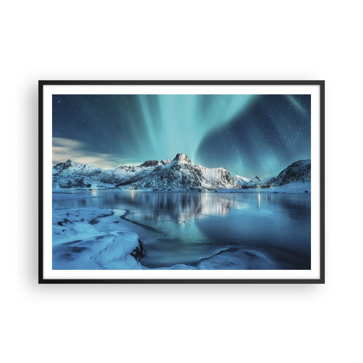 Poster in einem schwarzem Rahmen - Aurora Borealis über schneebedeckten Bergen und einem See - 100x70cm - Lichtnacht - Moderne Wanddekoration für Wohnzimmer und Schlafzimmer ARTTOR