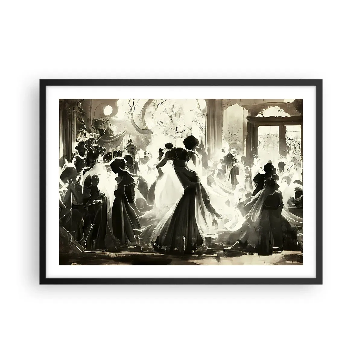 Poster in einem schwarzem Rahmen - Ball im Retro-Stil in Schwarz und Weiß - 70x50cm - Die große Maskerade - Moderne Wanddekoration für Wohnzimmer und Schlafzimmer ARTTOR
