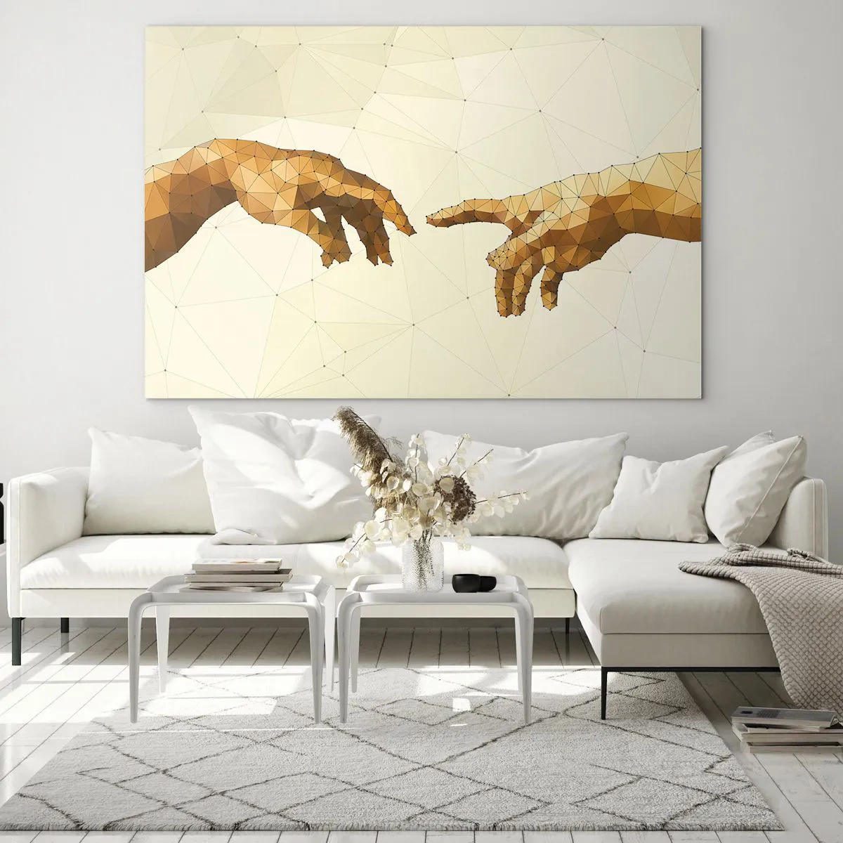 Glasbild - Bild auf glas - Eine stilisierte Version des Gemäldes „Die Erschaffung Adams“ in Polygontechnik - 70x50cm - Göttliche Geometrie - Moderne Wanddekoration für Wohnzimmer und Schlafzimmer ARTTOR