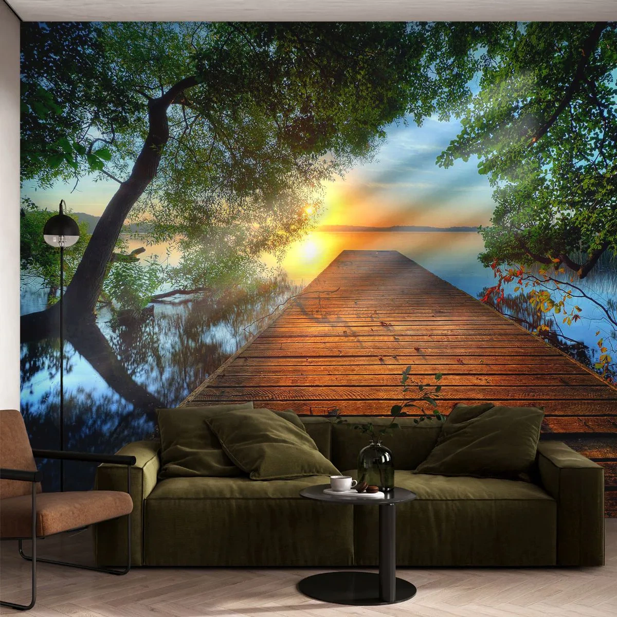 Fototapete Premium Sand - Holzsteg über dem See bei Sonnenuntergang - 100x70cm - Nimm dir Zeit, setz dich hin - Moderne Wanddekoration für Wohnzimmer und Schlafzimmer ARTTOR