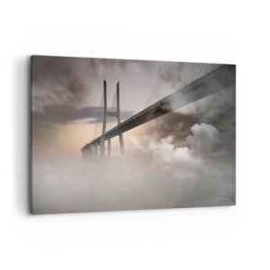 Bild auf Leinwand - Leinwandbild - Eine Brücke über einen Fluss, umgeben von Nebel am Morgen - 120x80cm - Auf dem Fluss, den es nicht gibt - Moderne Wanddekoration für Wohnzimmer und Schlafzimmer ARTTOR