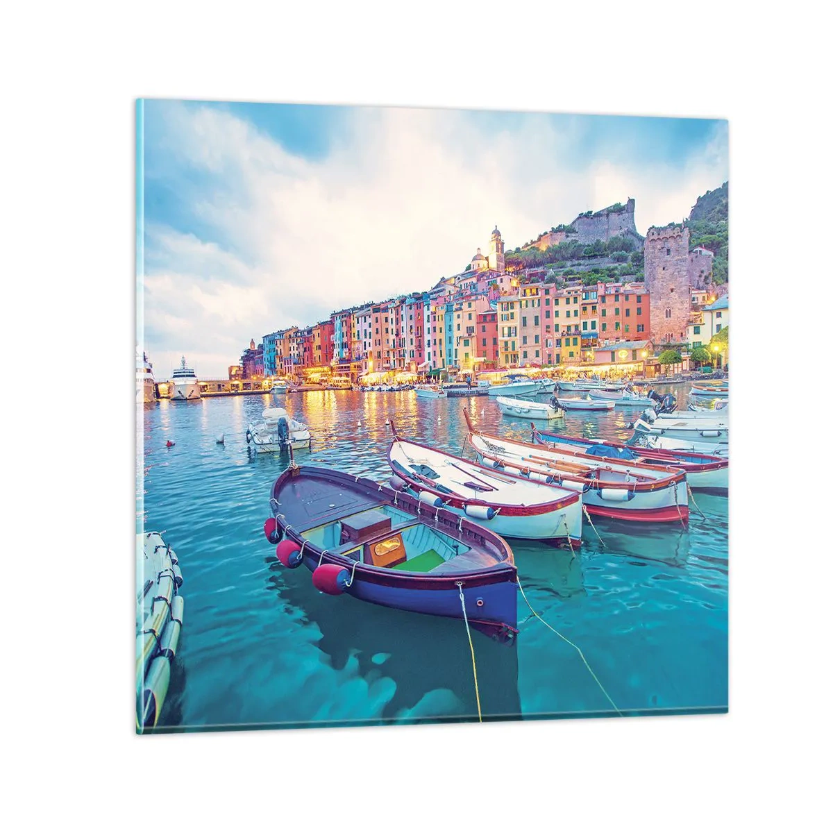 Glasbild - Bild auf glas - Bunter Abend im Hafen - 30x30 cm