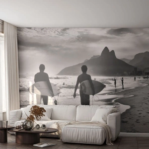 Fototapete Standard Eco - Surfer am Strand bei Sonnenuntergang in Schwarz und Weiß - 100x70cm - Single-Wave-Samba - Moderne Wanddekoration für Wohnzimmer und Schlafzimmer ARTTOR