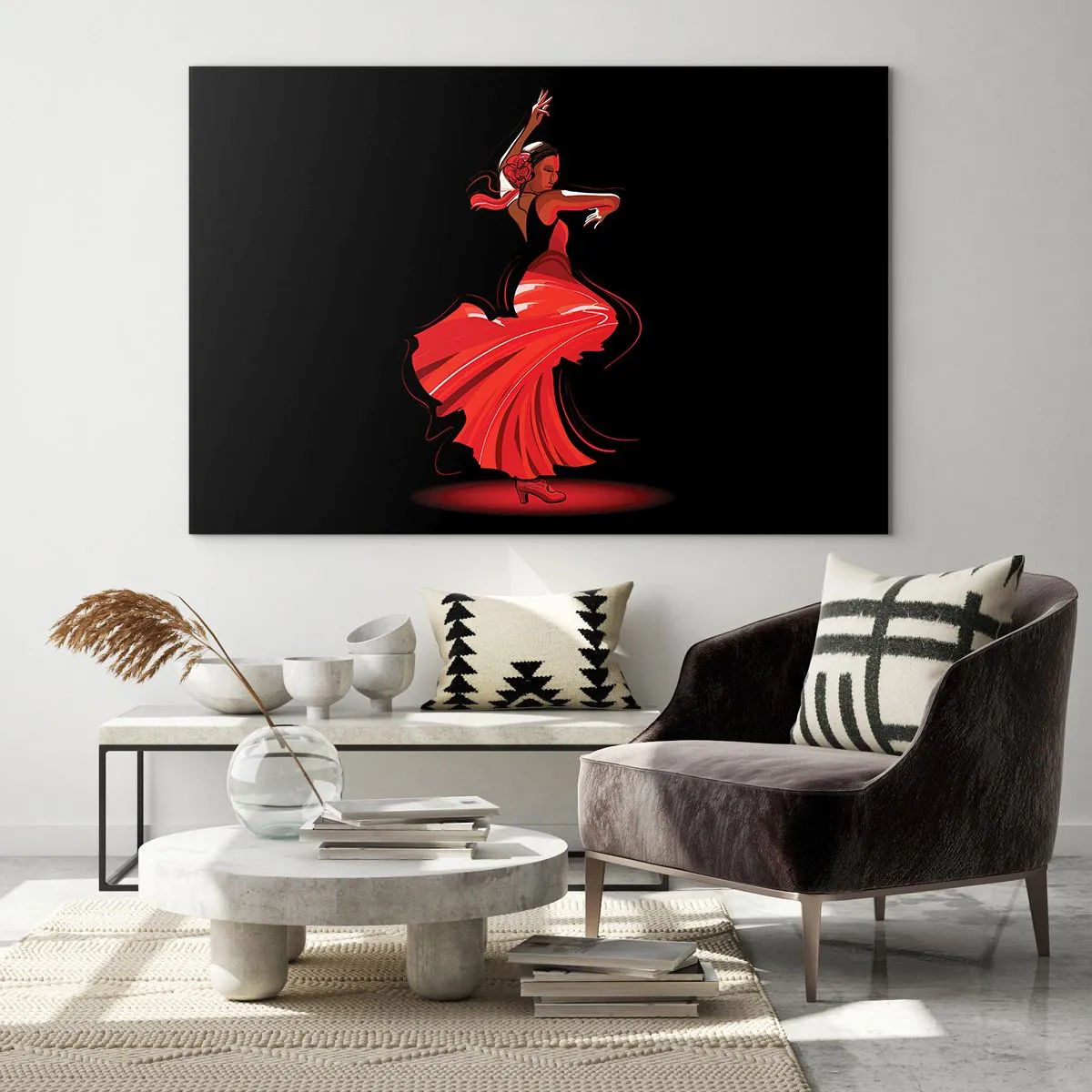 Glasbild - Bild auf glas - Flamenco-Tänzerin in einem roten Kleid vor schwarzem Hintergrund - 100x70cm - Der feurige Geist des Flamenco - Moderne Wanddekoration für Wohnzimmer und Schlafzimmer ARTTOR