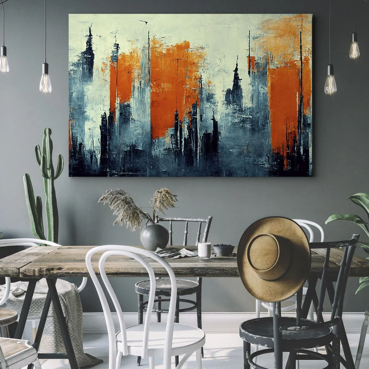 Bild auf Leinwand - Leinwandbild - Abstrakte Stadtlandschaft in Orange- und Blautönen - 70x50cm - Moderne Landschaft - Moderne Wanddekoration für Wohnzimmer und Schlafzimmer ARTTOR