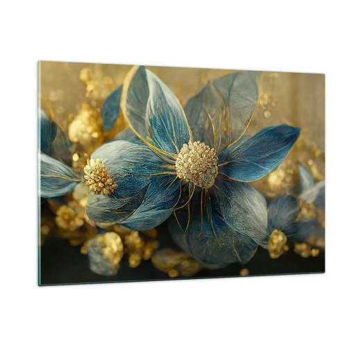Glasbild - Bild auf glas - Blaue und goldene Blumen mit einem luxuriösen Gefühl - 120x80cm - Mit Gold blühen - Moderne Wanddekoration für Wohnzimmer und Schlafzimmer ARTTOR