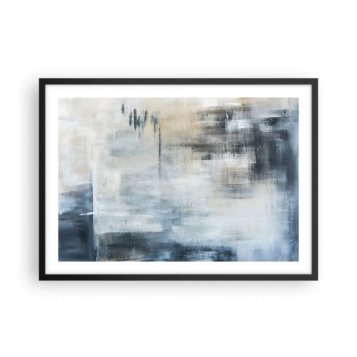 Poster in einem schwarzem Rahmen - Abstrakte Komposition in Blau- und Grautönen - 70x50cm - Hinter dem blauen Vorhang - Moderne Wanddekoration für Wohnzimmer und Schlafzimmer ARTTOR