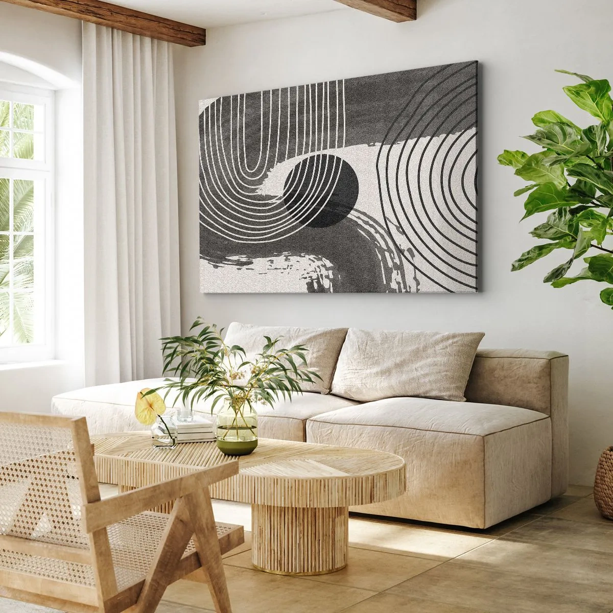 Bild auf Leinwand - Leinwandbild - Geometrische Linien und Ovale in monochromen Farbtönen - 120x80cm - Oval gewinnt - Moderne Wanddekoration für Wohnzimmer und Schlafzimmer ARTTOR