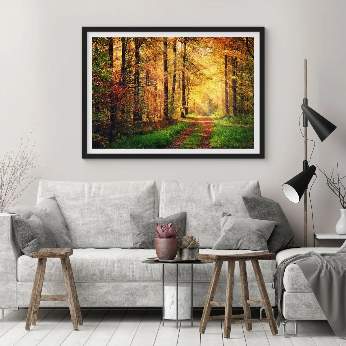 Poster in einem schwarzem Rahmen - Waldgoldene Stille - 50x40 cm